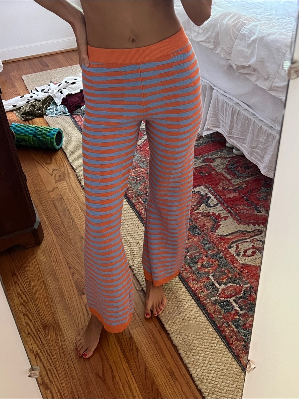 Knit Striped Flare Pants in Orange & Light Blue